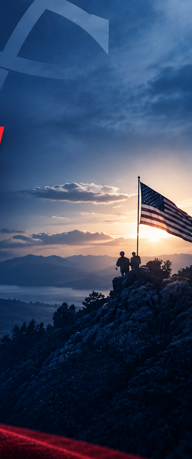 Veterans raising the flag at sunrise