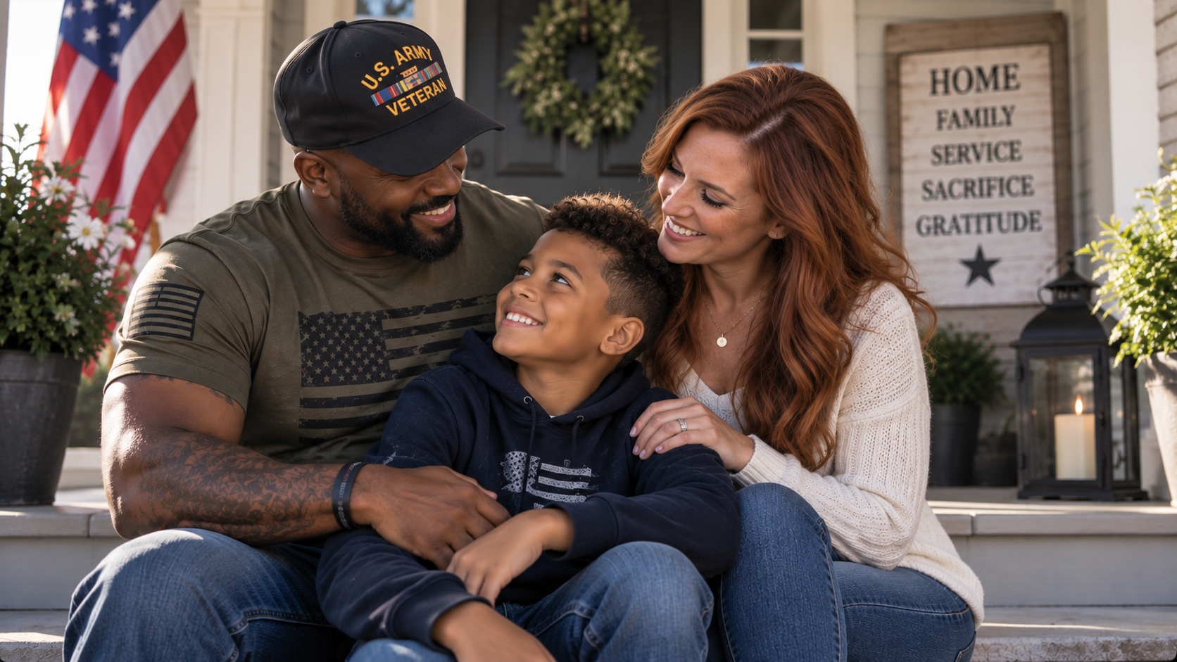 Army Veteran with his family on their porch