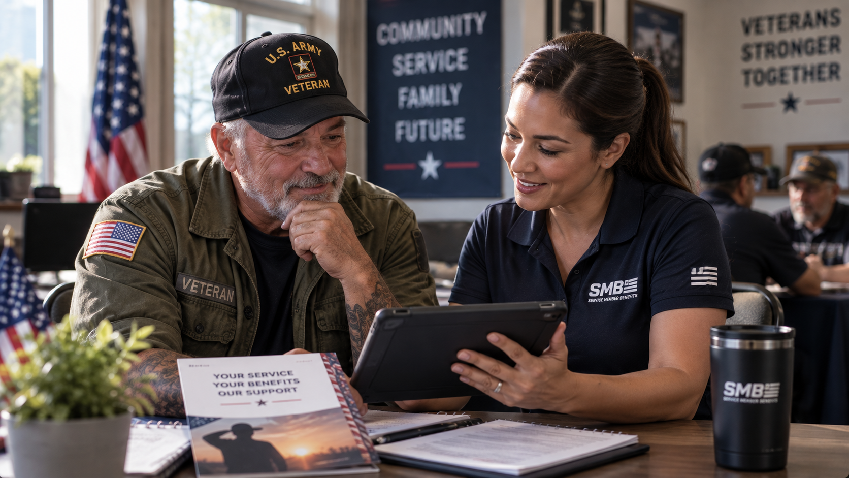 SMB representative reviewing benefits with an Army Veteran
